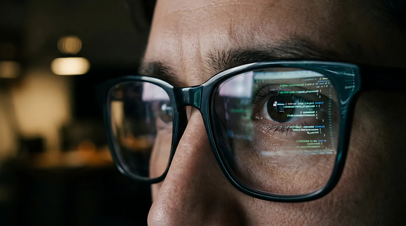 Entwicklerin mit Code im Brillenglas